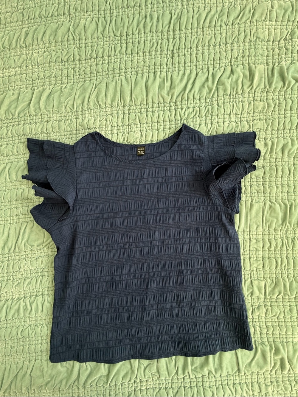 SHEIN Navy Textured Ruffle Sleeve Top-XL